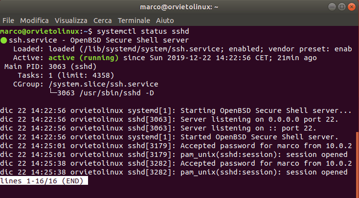 systemctl status sshd Stato del servizio SSH