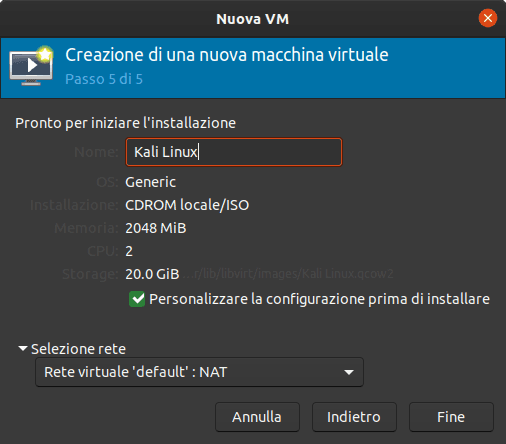 Riepilogo configurazioni VM Conclusione della creazione di una macchina virtuale
