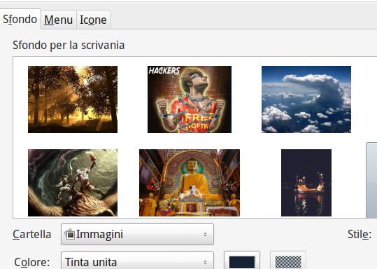 Selezione dello sfondo per il desktop di XFCE Selezione dello sfondo per il desktop di XFCE